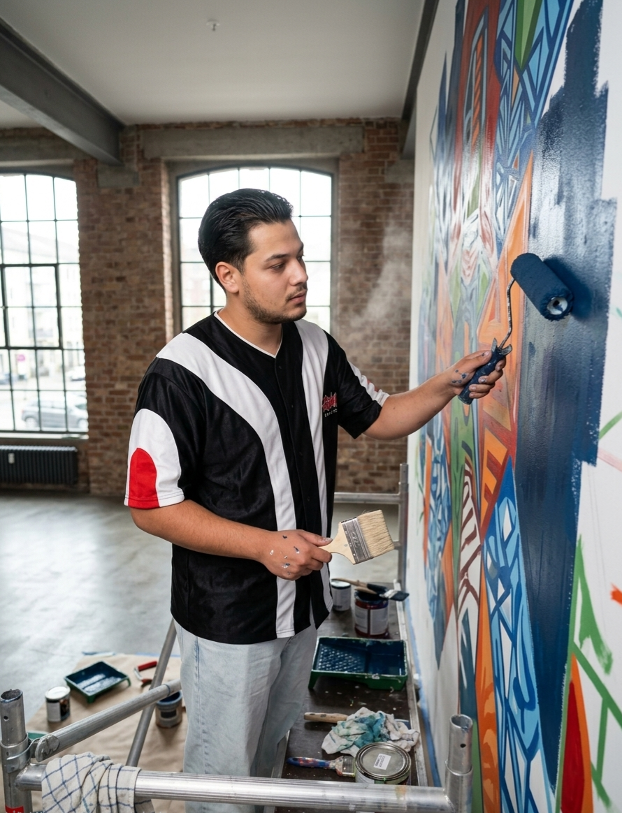 Thiago Winter, Graffiti-Künstler von WandKunst Design, bei der Arbeit an einem Mural
